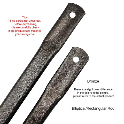 Close-up of bronze garden swing replacement bars, 33.5 inch long rectangular metal rods with holes, set of 2.