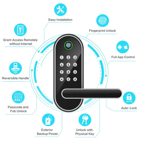 Image of Fingerprint Smart Door Lock With Handle And Keypad No More Lost Keys Keyless Entry And Remote Access For Home Airbnb And Rentals DIY Install Works With Alexa And Google Assistant. Features like fingerprint unlock and reversible handle are highlighted.