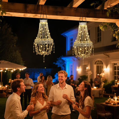 Outdoor Solar Crystal Pendant Lantern Chandelier, Waterproof Hanging Light With Warm White LED, Acrylic Bead Curtain over party