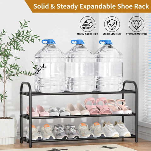 Expandable Three Tier Metal Shoe Rack With Adjustable Removable Cross Bars Fits Massive Sneakers And Delicate Flat Kicks Customizable Closet Organizer Blocks Off Entryway Mudroom Clutter Flex Your Drip Daily In Sleek Black Finish
