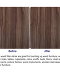 Before and after image showing scratch repair results with Dead On Color 20 Piece Furniture Repair Wax Crayons Kit in gray.