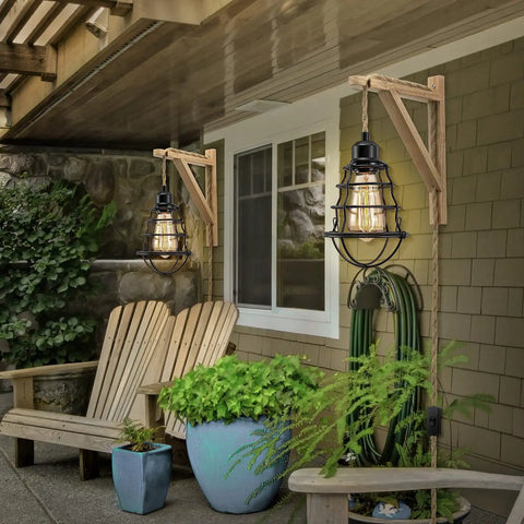 Plug In Wall Sconces 2 Pack Farmhouse Wood And Metal Wire Cage Lamps with cozy farmhouse vibe lighting on porch