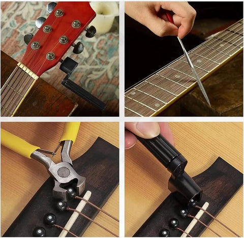 Pro Grade Guitar Tool Kit For Setup And Repair, Deluxe Luthier Tools Bundle with fret crowning files and string winder in use