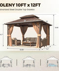 10x12 Hardtop Gazebo With Aluminum Frame And Metal Roof, Double Galvanized Steel Roof For All Weather Durability, Includes Curtains