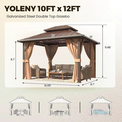 10x12 Hardtop Gazebo With Aluminum Frame And Metal Roof, Double Galvanized Steel Roof For All Weather Durability, Includes Curtains