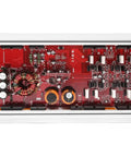 Internal view of RP-75.4ABM 500 Watt Full Range Class AB 4 Channel Marine Amplifier with waterproof circuit board and rust-proof chassis.
