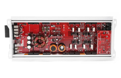 Internal view of RP-75.4ABM 500 Watt Full Range Class AB 4 Channel Marine Amplifier with waterproof circuit board and rust-proof chassis.