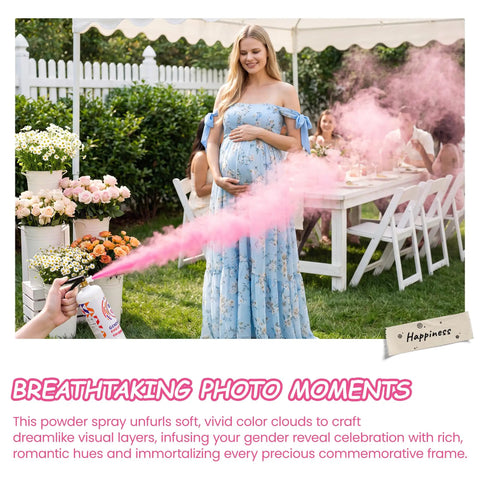 Woman in blue dress using Big Time Gender Reveal Sprayers 2 Pack Biodegradable Color Powder Blasters creating pink smoke.