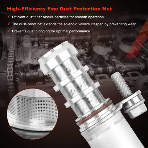 Close-up of Intake And Exhaust Camshaft Position Actuator VVT Solenoid Kit with high-efficiency dust protection net for GM engines