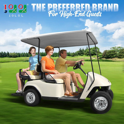 Family riding in a four-seater golf cart on a green field, showcasing the product's spacious seating and performance.