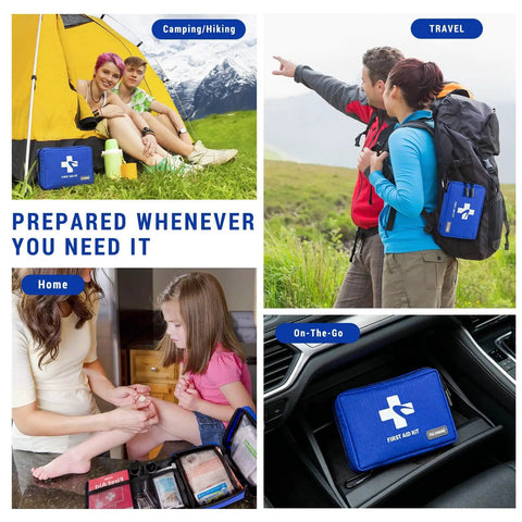 Grab And Go Compact Waterproof First Aid Kit With Nine Organized Compartments 300 Piece Emergency Supplies Set shown in various uses: camping, travel, home, and car.