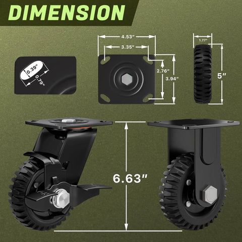 Dimension details of Built Bullet Proof Five Inch Solid Rubber Caster Wheels With Knockout Step On Brake Locks and Smooth Rolling Knobby Treads.
