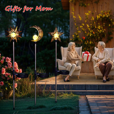 Celestial Solar Garden Stakes Set With Moon Sun Star Lights For Lawn Pathway And Flower Beds, 3 Pack Outdoor Decor