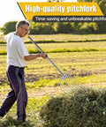 Man using 50 Inch Stainless Steel Garden Pitchfork With 10 Tine Head, Heavy Duty One Piece Construction for yard work