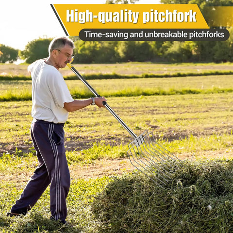 Man using 50 Inch Stainless Steel Garden Pitchfork With 10 Tine Head, Heavy Duty One Piece Construction for yard work