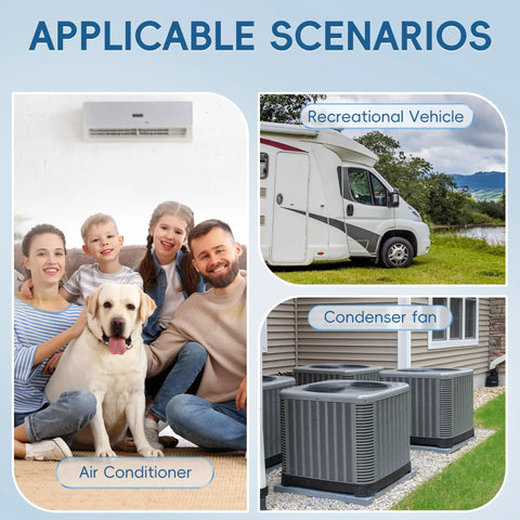 Image showing applicable scenarios for Dual Run 45 Plus 5 MFD AC Capacitor 440V For Heat Pumps And Air Conditioners Replaces 370V And 440V Units CBB65 Type Built Tough With Ten Year Coverage Easy Install Keeps Your Cool And Quiet with family indoors, recreational vehicle, and condenser fan.
