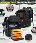 45L Fishing Backpack With Rod Holders And Rain Cover showcasing pockets, rod storage, and tackle box space.