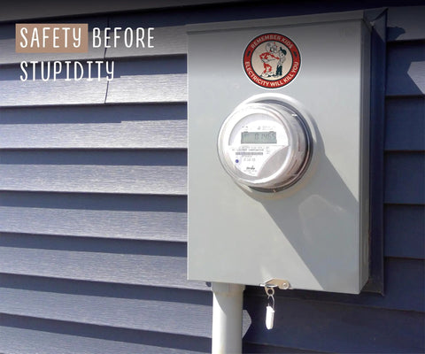 Remember Kids Electricity Will Kill You Vinyl Sticker on electrical box outdoors
