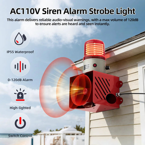 Rock Solid Heavy Duty Plug In Security Alarm With Blinding Led Strobe And Loud As Heck 120 Decibel Siren IP55 Weather Ready Housing Easy Wall Mount Setup For Rental Units Or Farm Properties