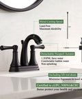 Matte Black 4 Inch Bathroom Sink Faucet With Three Hole Centerset Two Handles Metal Casting Spout Sleek Modern RV Farmhouse Vanity Faucet Include Drain With Overflow And Lift Rod shown installed on bathroom countertop.
