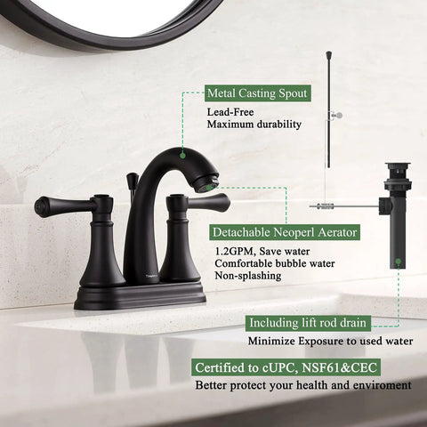 Matte Black 4 Inch Bathroom Sink Faucet With Three Hole Centerset Two Handles Metal Casting Spout Sleek Modern RV Farmhouse Vanity Faucet Include Drain With Overflow And Lift Rod shown installed on bathroom countertop.