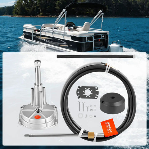 Boat Steering System Kit With 17 Ft Outboard Steering Cable And Aluminum Alloy Helm, complete hardware, for smooth control