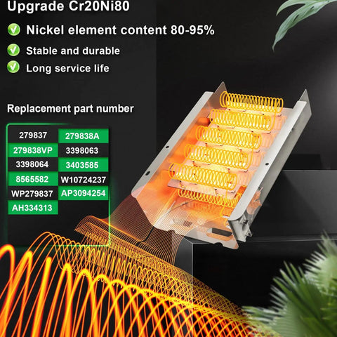279838 Dryer Heating Element Kit 5400W 240V with thermal fuse and cycle thermostats, upgrade Cr20Ni80 coil, part numbers listed