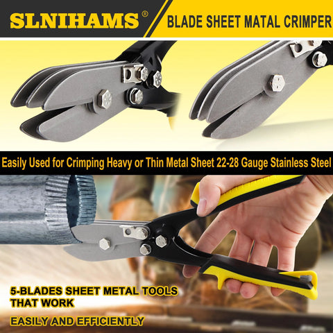 Installed view of SLNIHAMS 5-blade sheet metal crimper with yellow and black handle for 24–28 gauge duct
