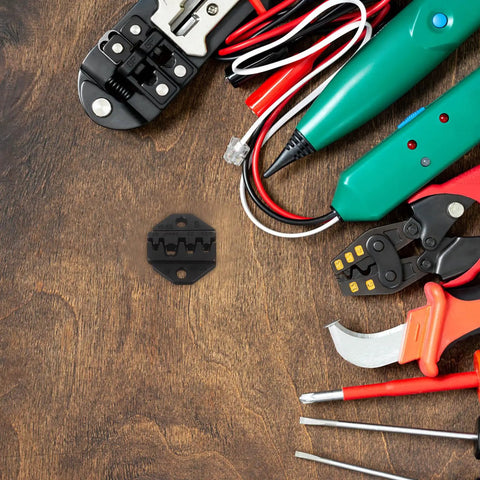 TOKIDNY Pneumatic Wire Crimping Machine With Advanced Pressure Control And Durable Metal Dies For Electrical Communication Work Universal Attachments Maximize Efficiency Heavy Duty Industrial Tool, assorted crimping tools on a wooden surface.
