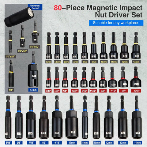 All In One 80 Piece Magnetic Impact Nut Driver Kit Pro Grade With Metric And SAE Bits, Socket Adapters, and Universal Sockets