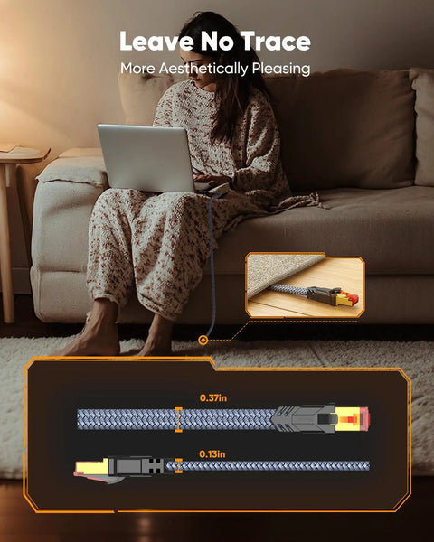 Person using laptop on sofa with Cat 8 Ethernet Cable 15 Ft Heavy Duty Braided Network Cord for Gaming and Streaming, detailed specs inset.