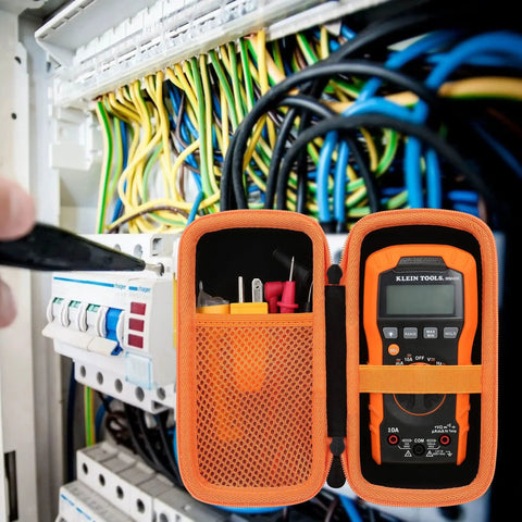 Rugged Protective Case For Klein Tools MM325 MM300 MM400 69355 69149P Electrical Test Kit With Digital Multimeter open in front of electrical panel.