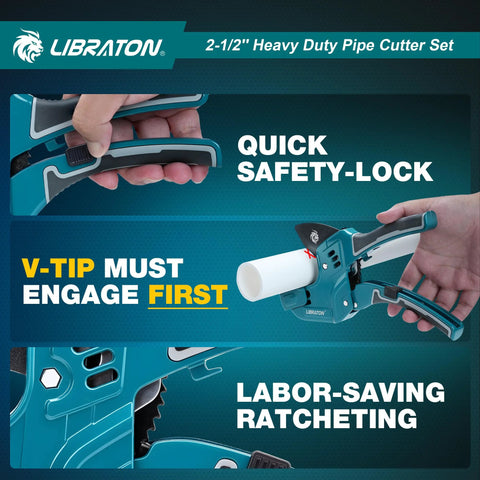 Libraton 2-1/2in heavy-duty pipe cutter set in teal with ratchet and deburring tool; PVC pipe being cut.