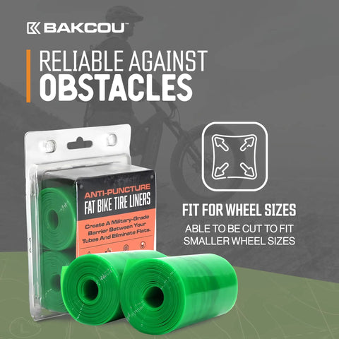 Puncture Proof Fat Tire Liners, Set of 2, Flat Tire Protection for Fat Bikes packaging with adjustable green liners displayed.
