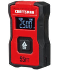 Handy Pocket Laser Distance Measurer With 55 Ft Range, Rechargeable Li Ion Battery, USB Charging, One Button Operation, And Backlit LCD Display For Quick, Easy Measurements On The Go. Red and black Craftsman 55 ft pocket laser distance measurer with backlit LCD and one-button ON control