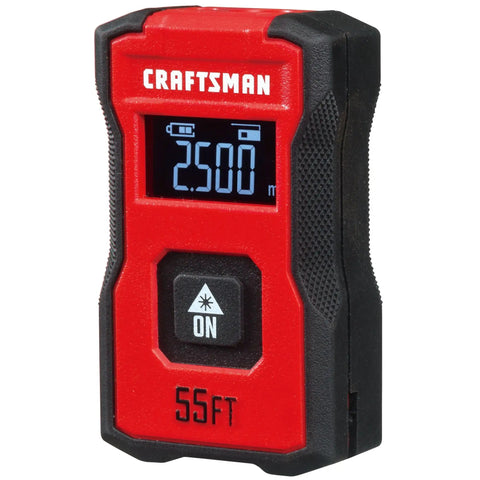 Handy Pocket Laser Distance Measurer With 55 Ft Range, Rechargeable Li Ion Battery, USB Charging, One Button Operation, And Backlit LCD Display For Quick, Easy Measurements On The Go. Red and black Craftsman 55 ft pocket laser distance measurer with backlit LCD and one-button ON control