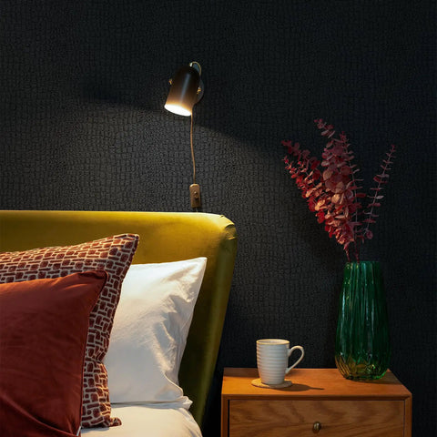 Bedroom with Dope Charcoal Black Crocodile Texture Wallpaper Non Pasted Needs Adhesive Embossed 3D Wall Covering
