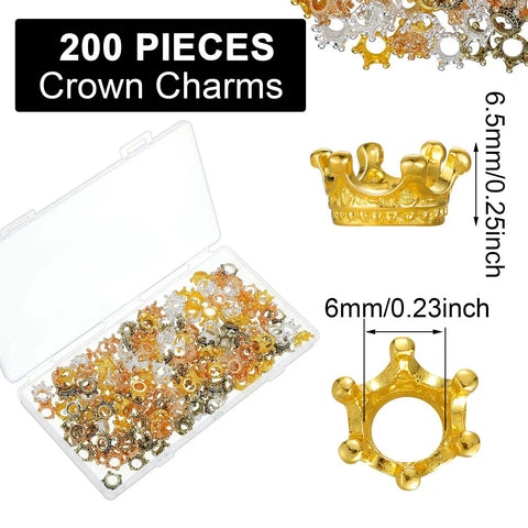 200 Piece Mini Crown Charms For Jewelry Making Colorful Gold And Silver Mixed Metals Large Hole Spacer Beads Bulk Pack