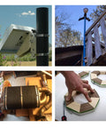 10-pack 304 stainless steel hose clamp fasteners; collage shows clamps on pipe, blue post, exhaust, and wooden hex ring project.