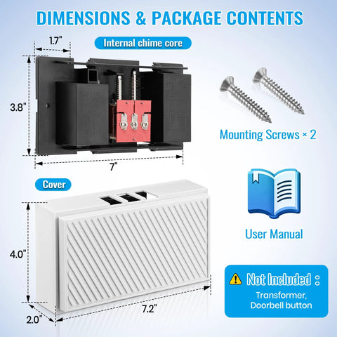 Two Tone Wired Doorbell Chime for Home Front And Rear Doors, features internal chime core, cover, screws, user manual, 16V 10VA