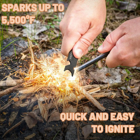 All In One Fire Starter Kit With A 4 Inch Ferro Rod For Camping And Hiking, sparks igniting wood in outdoor setting