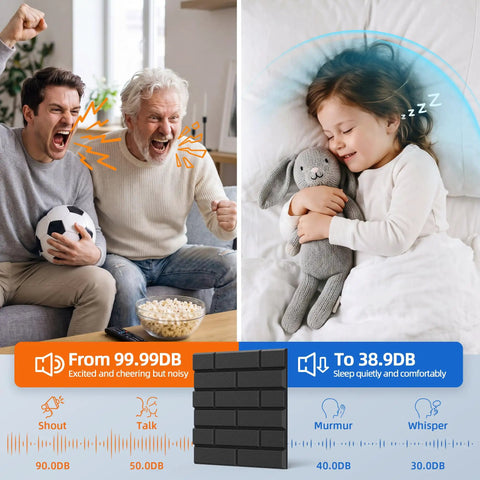 Premium 20 Pack Peel And Stick Acoustic Panels With High Density Soundproof Foam Tiles designed for noise reduction shown in living room setup.