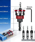 Top Tier 4 Piece Counterbore Drill Set With Adjustable Depth Stop Collar For Wood And Metal Projects Nailing Perfect Screw Recesses Every Time With Hella Precise Control And Reliable Blue Coating, showcasing depth measurements and included wrench.