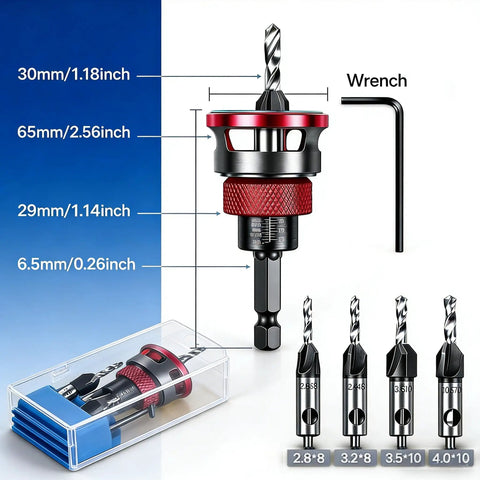 Top Tier 4 Piece Counterbore Drill Set With Adjustable Depth Stop Collar For Wood And Metal Projects Nailing Perfect Screw Recesses Every Time With Hella Precise Control And Reliable Blue Coating, showcasing depth measurements and included wrench.
