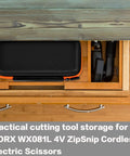Compact, Rugged Tool Case For ZipSnip And SnapFresh Cordless Scissors in a drawer, with zipper mesh pocket visible, black case only