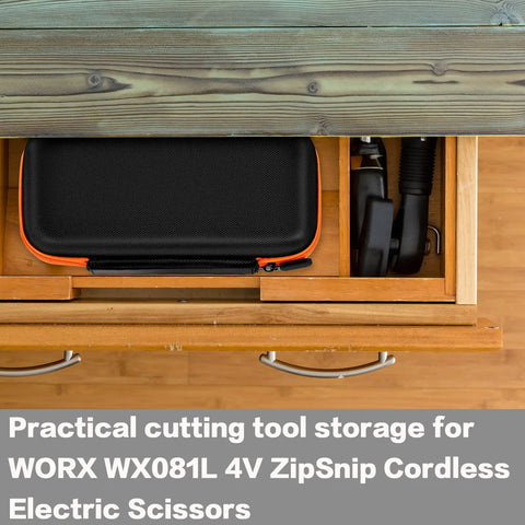 Compact, Rugged Tool Case For ZipSnip And SnapFresh Cordless Scissors in a drawer, with zipper mesh pocket visible, black case only