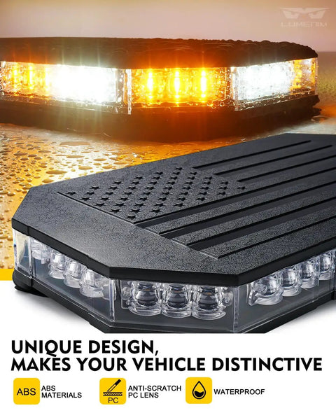 Close-up of American Flag Pattern Rooftop Strobe Beacon Bar with Controller, ABS housing, LED lights, for construction vehicles.
