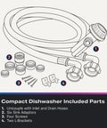 Compact Countertop Dishwasher With Smart Wifi Connectivity Six Wash Cycles Energy Star parts including hoses, adaptors, screws, and brackets.