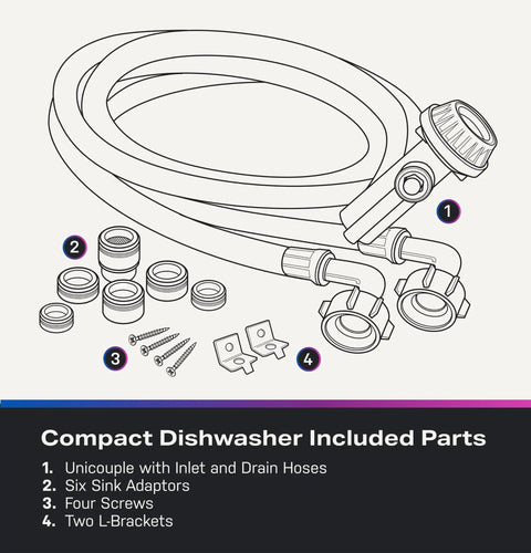 Compact Countertop Dishwasher With Smart Wifi Connectivity Six Wash Cycles Energy Star parts including hoses, adaptors, screws, and brackets.