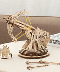 3D Wooden Catapult Kit For Adults, DIY Mechanical Puzzle Model with rotating mechanism on a table, laser cut plywood